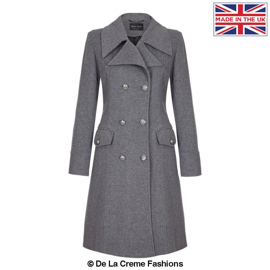 Dames Wollen Mix Dubbel Breasted Midi Jas | Elegante Mantel met Militaire Details | Gemaakt in Engeland