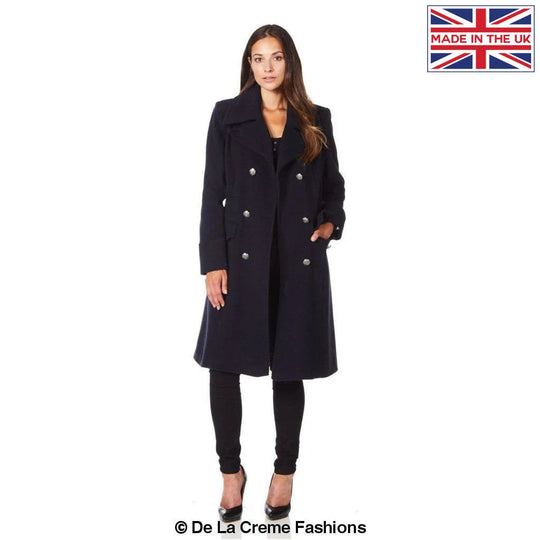 Dames Wollen Mix Dubbel Breasted Midi Jas | Elegante Mantel met Militaire Details | Gemaakt in Engeland
