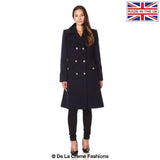 Dames Wollen Mix Dubbel Breasted Midi Jas | Elegante Mantel met Militaire Details | Gemaakt in Engeland
