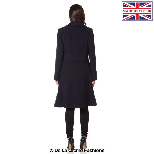Dames Wollen Mix Dubbel Breasted Midi Jas | Elegante Mantel met Militaire Details | Gemaakt in Engeland