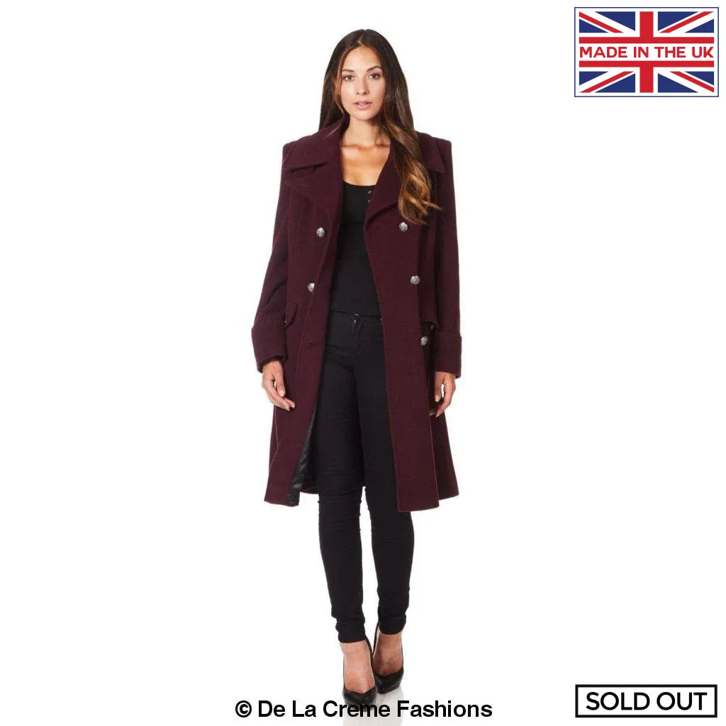Dames Wollen Mix Dubbel Breasted Midi Jas | Elegante Mantel met Militaire Details | Gemaakt in Engeland
