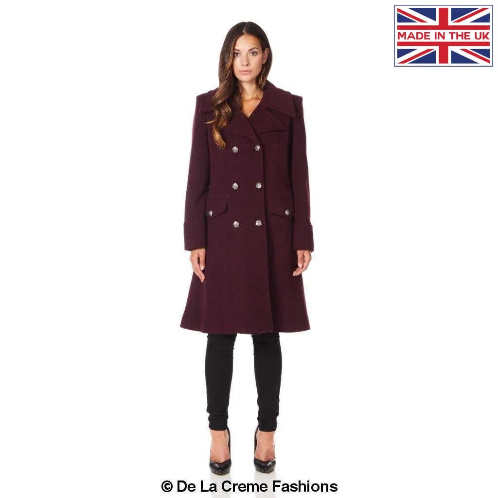 Dames Wollen Mix Dubbel Breasted Midi Jas | Elegante Mantel met Militaire Details | Gemaakt in Engeland