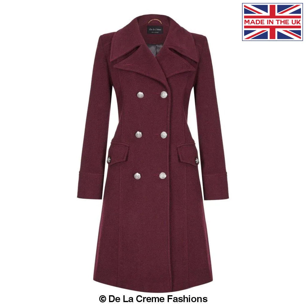 Dames Wollen Mix Dubbel Breasted Midi Jas | Elegante Mantel met Militaire Details | Gemaakt in Engeland