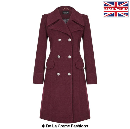 Dames Wollen Mix Dubbel Breasted Midi Jas | Elegante Mantel met Militaire Details | Gemaakt in Engeland